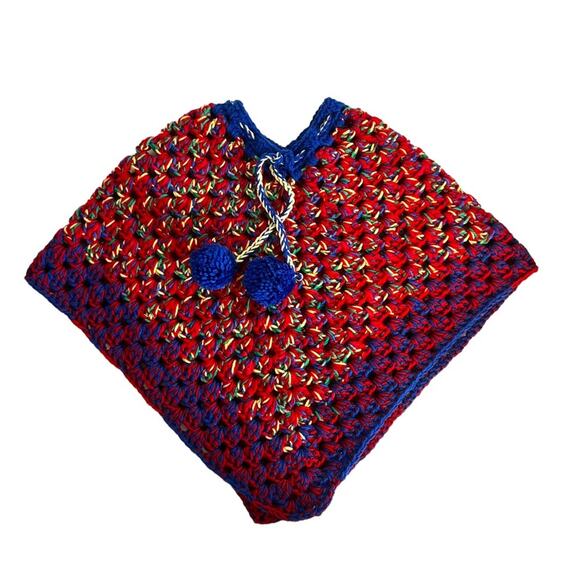 Handmade Vintage Poncho Kids Poncho Cape Drawstring Pom Pom Heavyweight Shawl - Picture 1 of 11